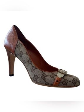 Gucci GG Canvas Pumps Cinghiale Leather‎ Beige Ebony Mandarin Heel 6.5